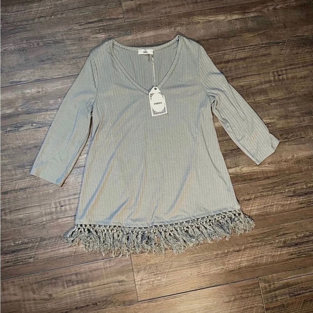 Sage ribbed top with tassel hem
